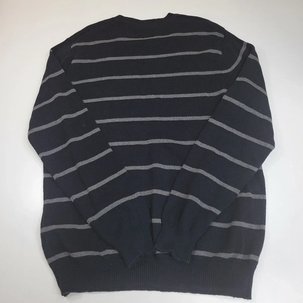 Chaps Mens Large Black Gray Striped Crewneck Sweater Cotton Pullover